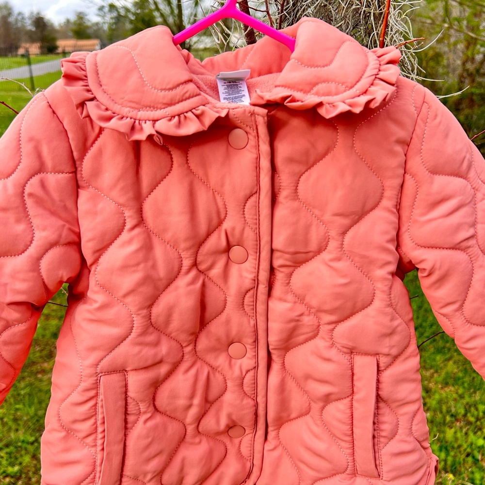 Little Me Pink Quilted Jacket with Ruffle Collar White Stitching Size 2T
